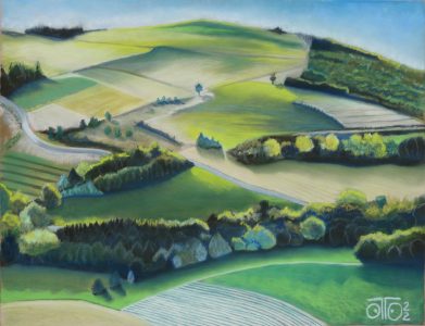 Pastel sec 2022, 43 x 34 cm Soleil Couchant à Mézilhac. Vendu.
