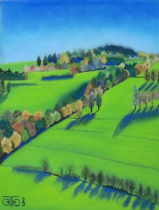 Pastel sec 2025, 40 x 50 cm, 200 € Lumière sur le Cantal.