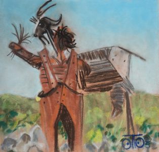 Pastel sec 2026, 20 x 20 cm, 69 € La chèvre et l'enfant.